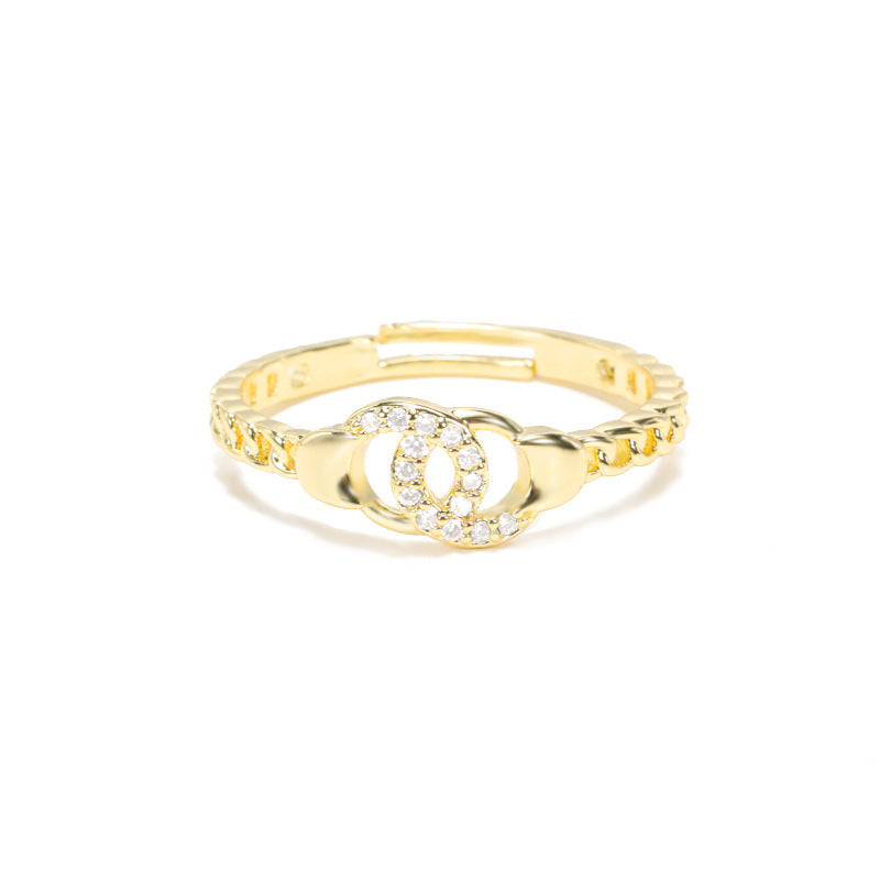 Gold Brass Adjustable Zircon Double Circle Ring For Women