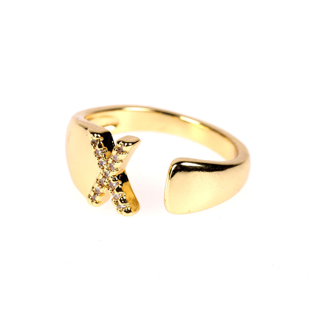 Women Initial Letter Ring Adjustable Gold Plated Diamond Accent Personalized Alphabetical Jewelry Gift For Her