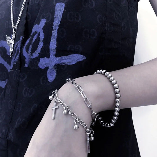 Unisex Cross Bracelet Electroplated Alloy DualLayer Geometric Design Irregular Element Dark Wind Fashion Cross