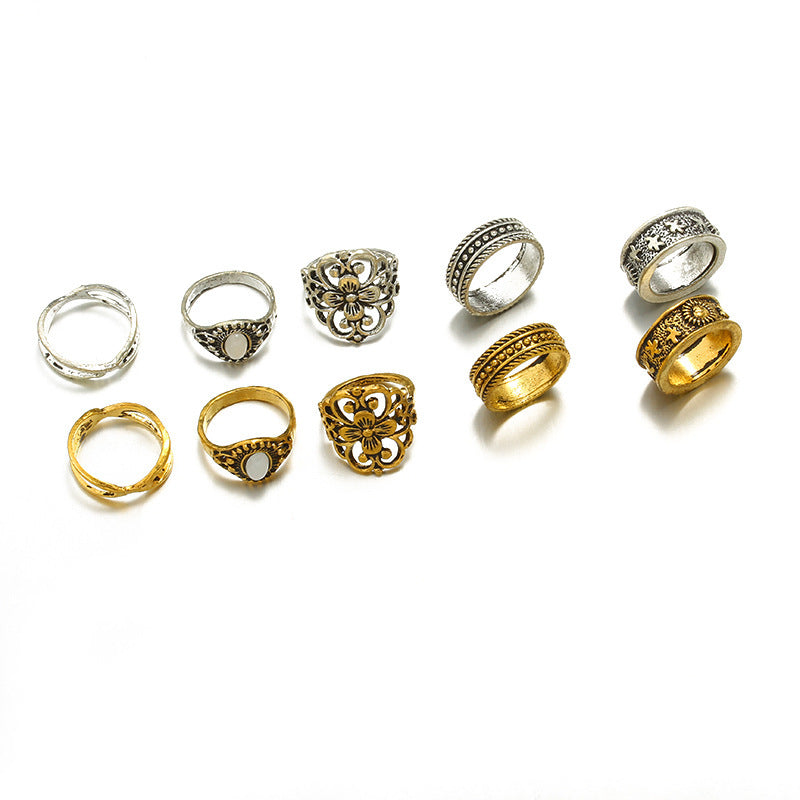 Womens Vintage Ring Set 5 Piece Alloy Hollow Carved Pattern Geometric Design And Electroplated Finish Gold Hue