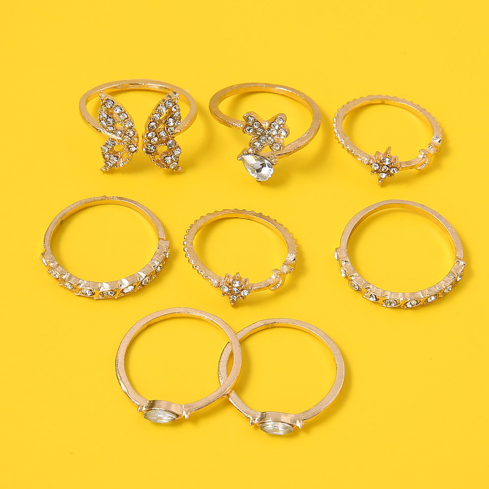 Womens Butterfly Flower Ring Set Vintage Alloy Jewelry 8 Piece With Artificial Gem Inlays For Wedding And Festive Wear