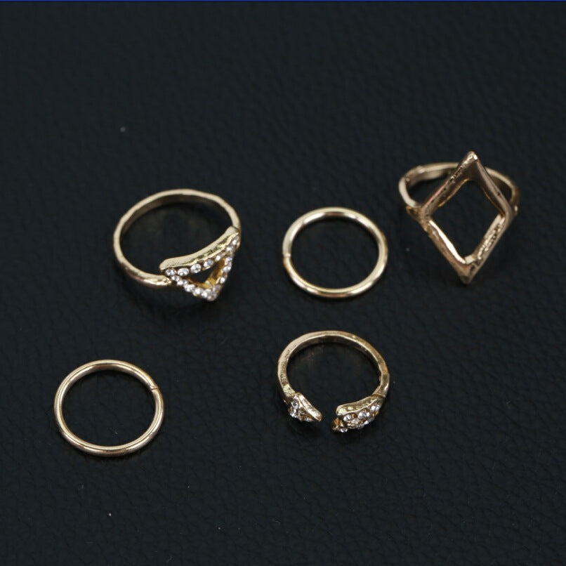 Womens Heart Shape Alloy Ring Set Diamond Arrow Rhombus Plus Triangle Joint Ring Design Fashion Jewelry Golden