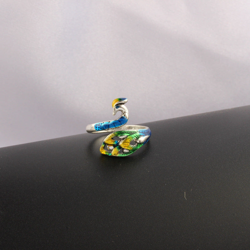 Vintage Unisex Animal Zodiac Ring In Plain Silver Peacock Design Jewelry Gift For Him With Adjustable Fit Gift