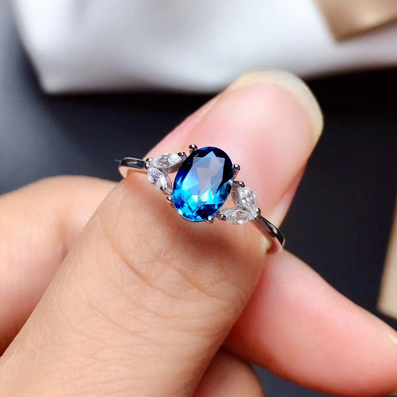 Adjustable Copper Ring With Dark Blue Artificial Sapphire Korean Fashion Geometric Exquisite Design Elegant Fit