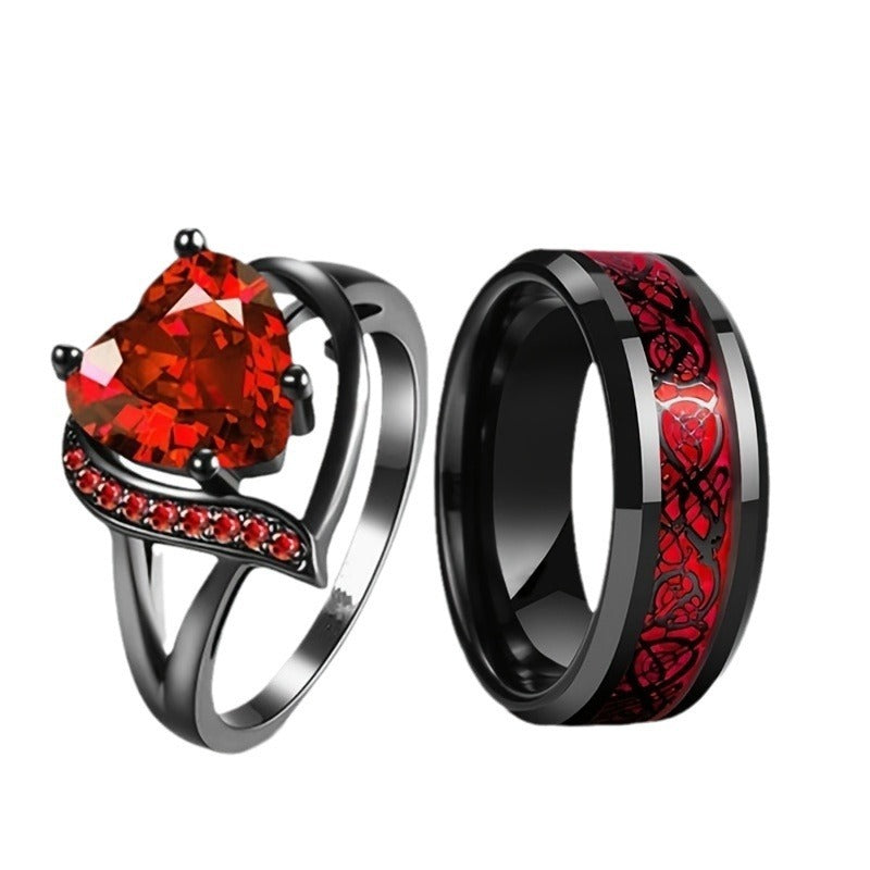 Couple Rings Dragon Pattern Heart Shape Matching Rings For Him And Her Stainless Steel Alloy Electroplated Finish