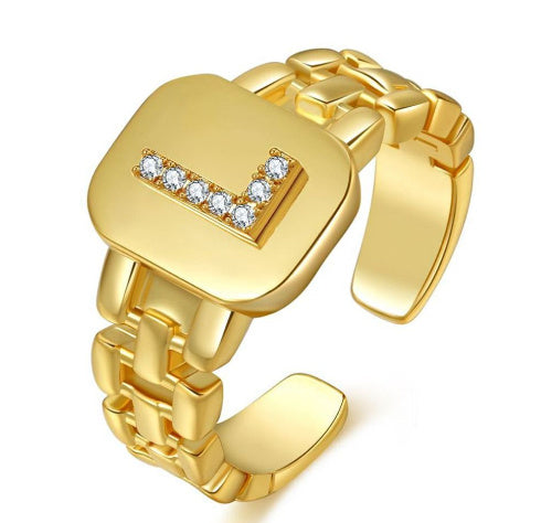 Women's Adjustable Initial Ring Gold Plated Copper Open Ring With Letter And Zirconia Accent Fashion Jewelry Accessory