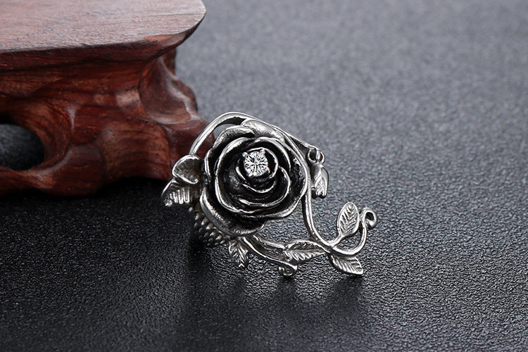 Black Rose Stainless Steel Band Ring With White Diamonds