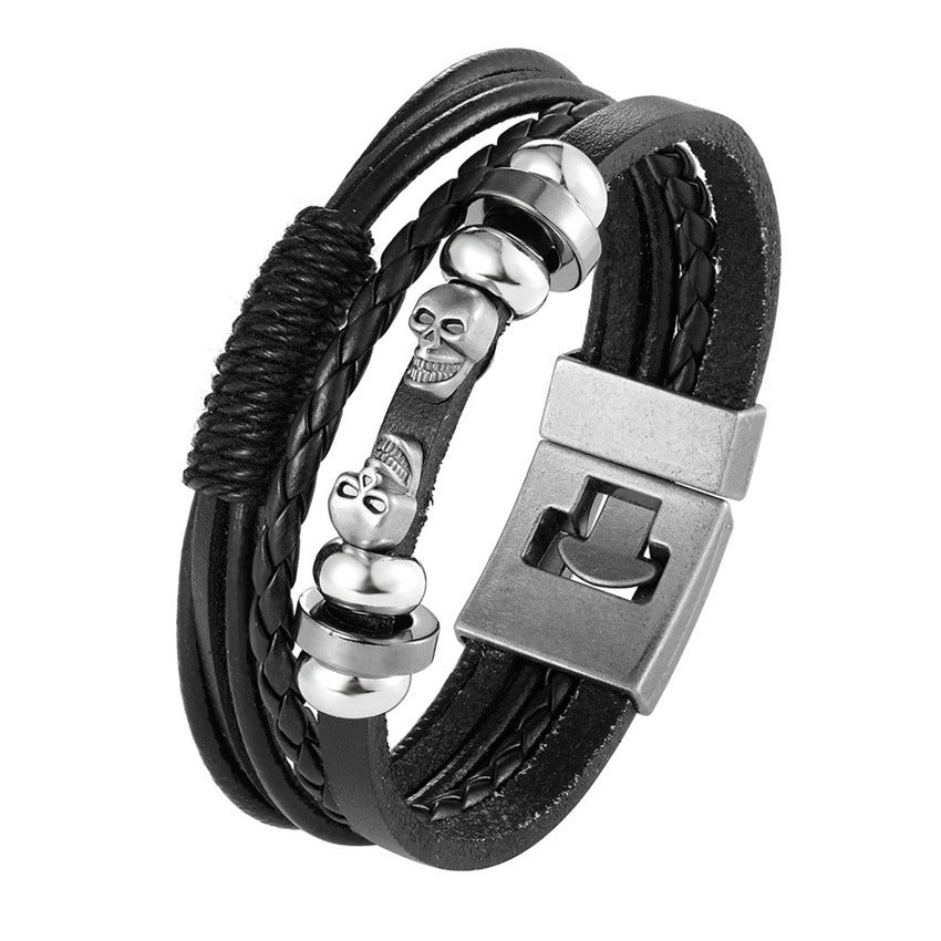 Mens Genuine Leather Bracelet Two Layer Cowhide Wristband Anti Friction Anti Oxidation 21cm Length Black Brown