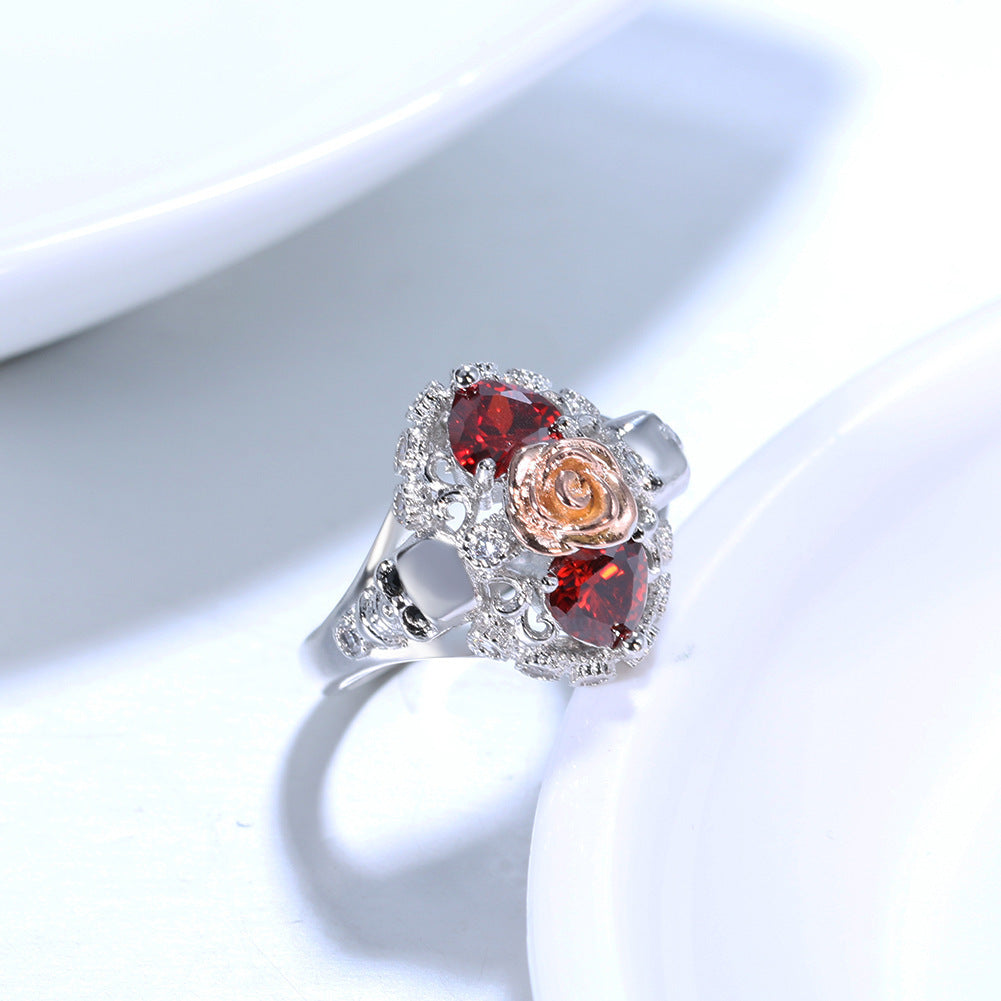 Copper Rose Skull Ring Heart Shape Red Zircon Punk Jewelry Accessories Size 6 7 8 9 10 Copper Tone Finish Glow