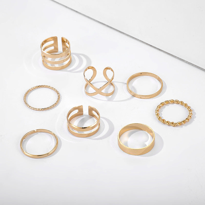 Retro Ring Set 8 Piece Metal Twist Cross Rings European Geometric Alloy Rings Electroplated Packed In Gift Box