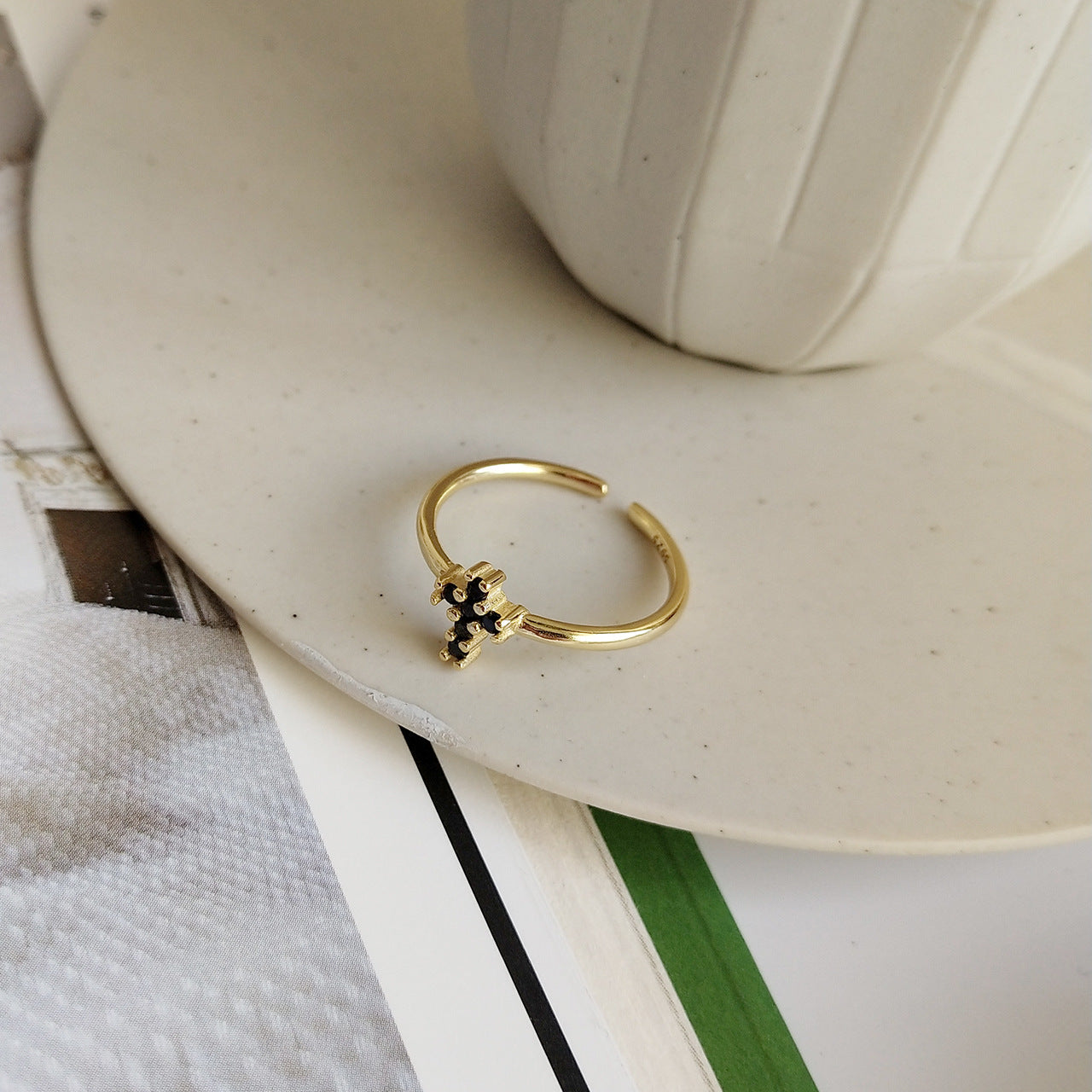 Womens Crosses Ring Sterling Silver Korean Design Black Diamond Accent 925 Electroplated Simple Elegant Fashion