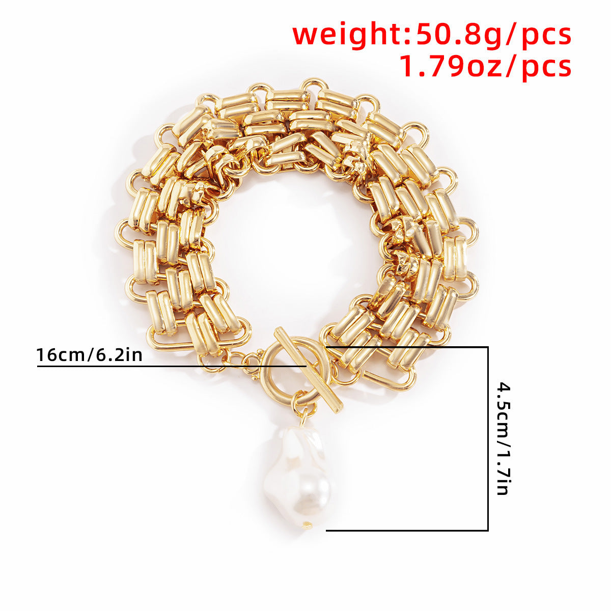 Womens Chain Bracelet With Artificial Pearls Thick Chain Geometric Design Gold Plated Iron Bracelet Pearl Iron