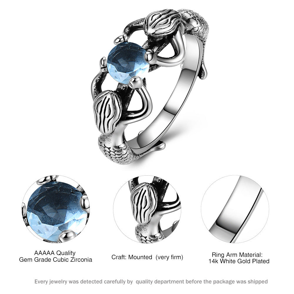 Unisex Mermaid Pearl Ring Blue Diamond Copper Alloy Electroplated Fashion Jewelry Gift For Holidays Birthday Gift