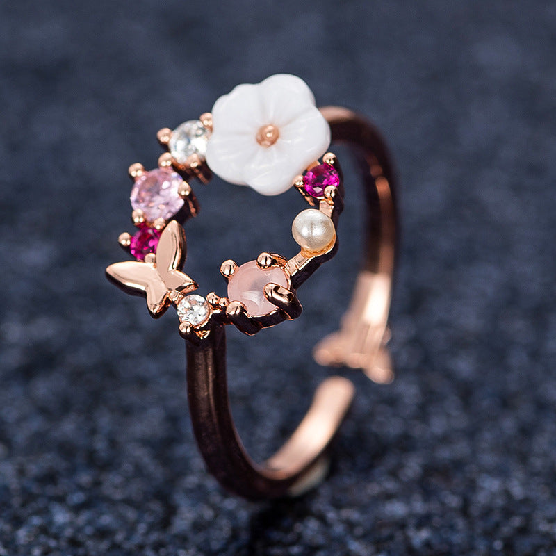 Womens Adjustable Shell Flower Butterfly Pearl Ring Crystal Inlaid Copper Rose Gold Geometric Fashion Jewelry Gift
