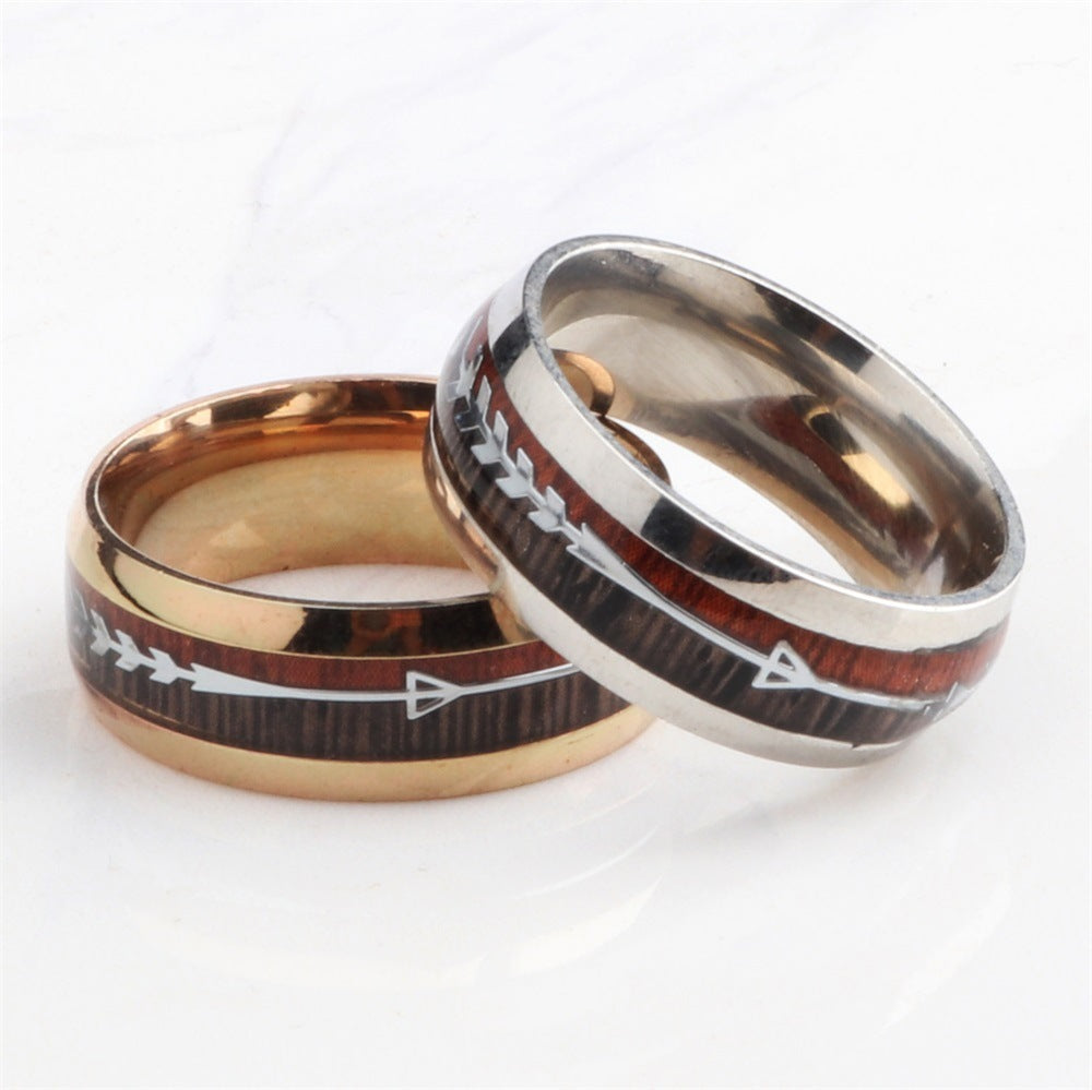 Mens Stainless Steel Ring With Wood Grain Inlay Arrow Design Durable Band For Everyday Wear Jewelry Great Gift