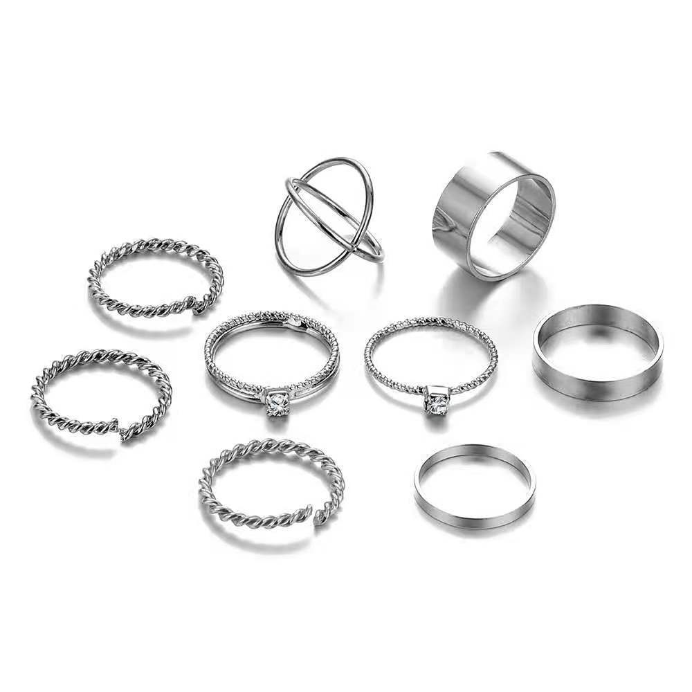 Woven Ring Set 9 Piece Geometric Alloy Rings With Gem Inlay Gold Silver Finish Jewelry Gift For Daily Look Now