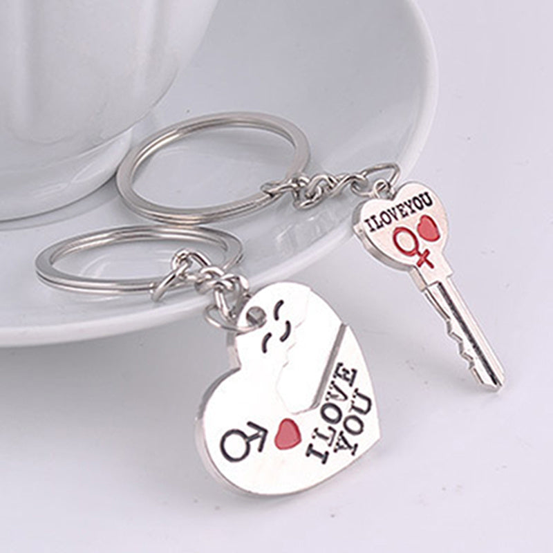 Couple Heart Keychain Set Enamel Zinc Alloy I Love You Heart Lock Pendant Romantic Gift for Lovers Silver Tone