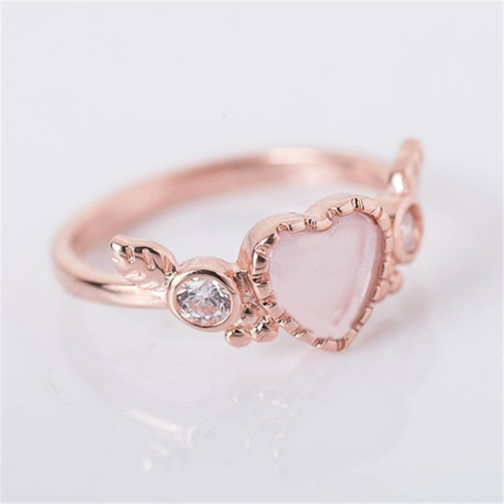 Heart Shaped Wings Ring Zircon Inlay Rose Gold Silver Base Metal Unisex Design Gift for Women Heart Jewel Chic