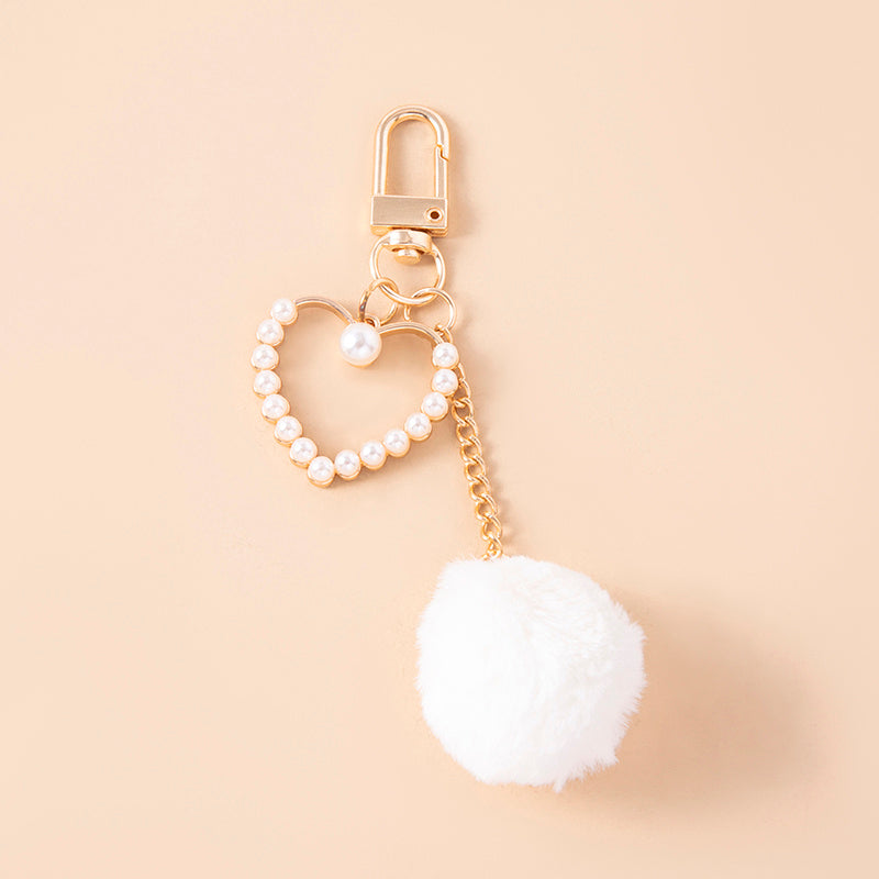 Womens Plush Ball Keychain With Pearls And Heart Charms Gold Tone Trendy Pompom Bag Charm Accessory Gift Ready