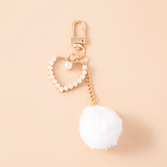Womens Plush Ball Keychain With Pearls And Heart Charms Gold Tone Trendy Pompom Bag Charm Accessory Gift Ready