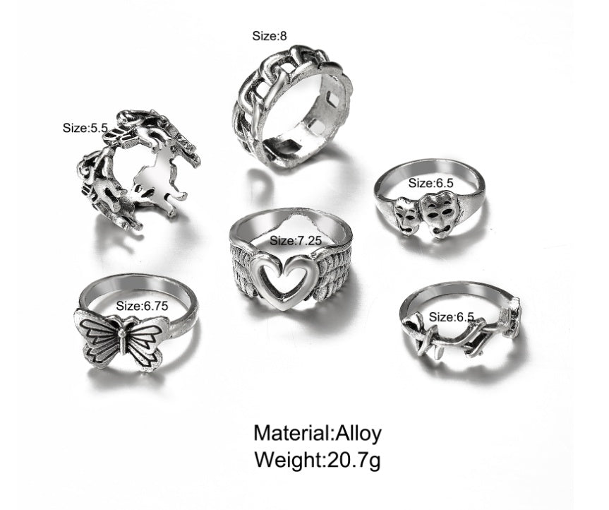 Alloy Rings Set Retro Love Butterfly Rings European Style Simple Rings for Birthday Wedding Travel Souvenir Keepsake