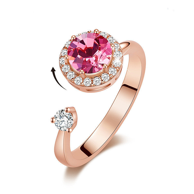 Ladies Rotating Crystal Inlay Ring With Copper Band Adjustable European American Style Jewelry Elegant Shimmer
