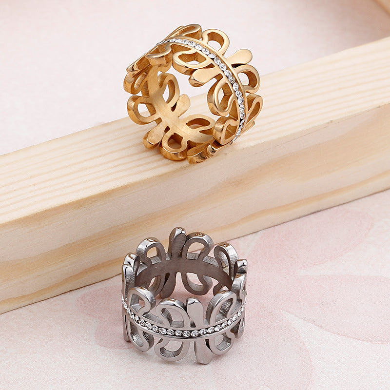 Unisex Titanium Steel Electroplated Geometric Ring Wide Face Hollow Band Jewelry For Everyday Wear Gifts Ready