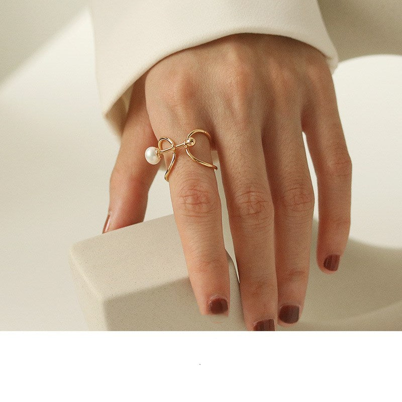 Niche Line Design Geometric Pearl Ring Brass With Real Gold Plating Adjustable Open Ring 1.5cm Wide Natural Pearl