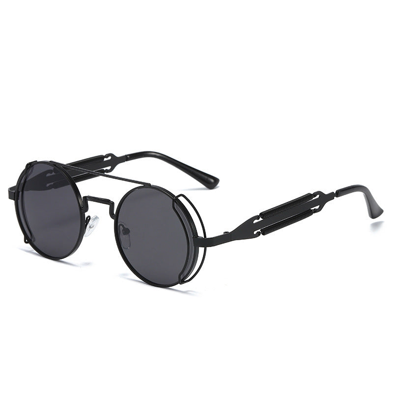 Mens Steampunk Sunglasses With Metal Frame And Plastic Accents Unique Double Spring Leg Design Fashion Eyewear Style