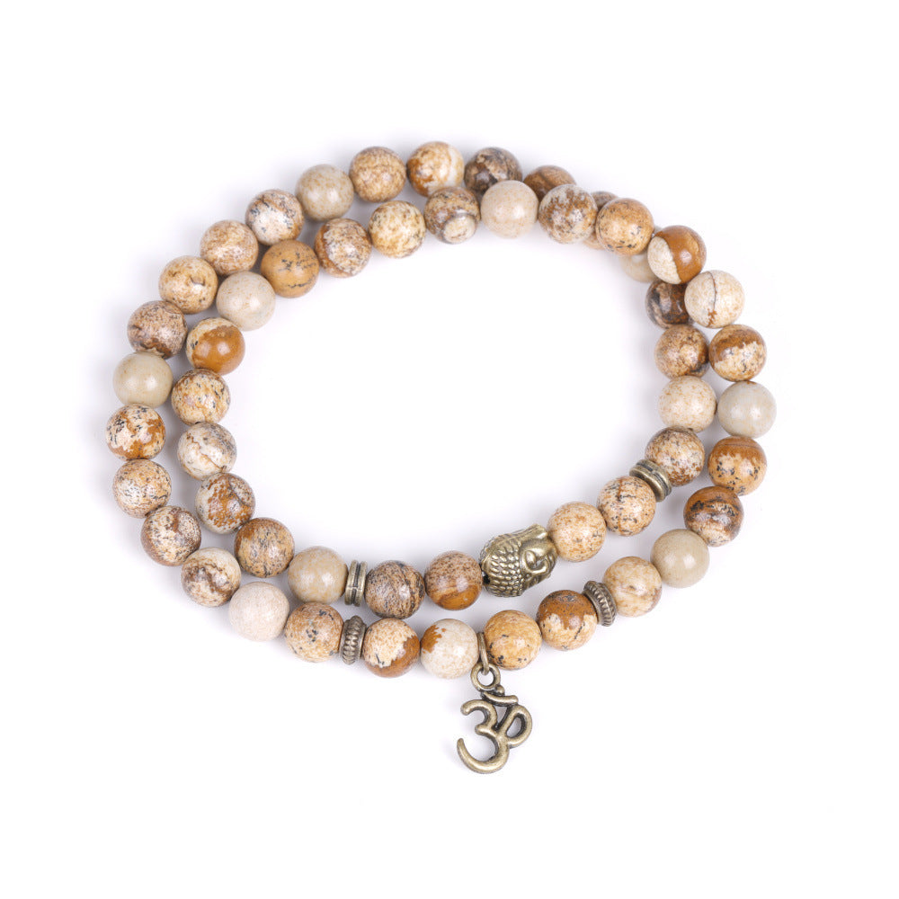 Unisex Volcanic Stone Double Row Bracelet Bronze Buddha Head Agate Geometric Totem Jewelry Religious Symbolic Accessory