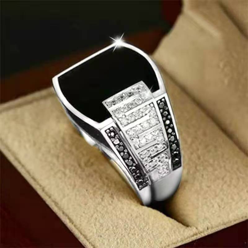 Mens Vintage Geometric Ring Alloy Electroplated With Black Artificial Gemstones European American Design Style Trend