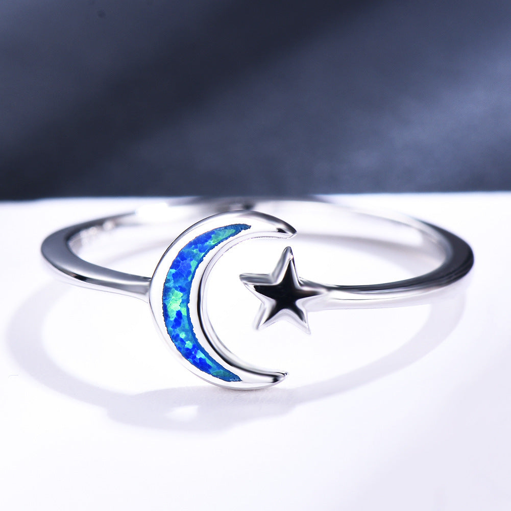 Moon And Star Ring Gold Plated Copper Celestial Jewellery Opal European American Design Elegant Gift For Women