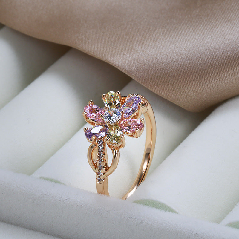 Simple Colorful Zircon 585 Rose Gold Flower Ring