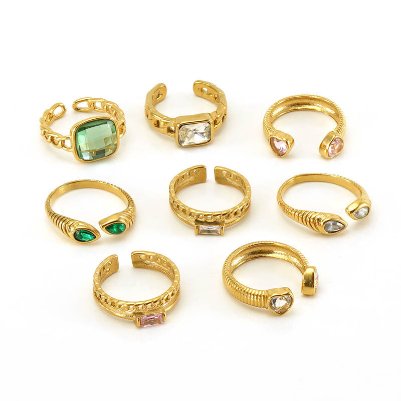 Women Stainless Steel Diamond Ring Adjustable Opening Fashion Jewelry For Her Modern Elegant Temperament Style