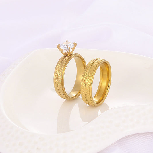 His And His Matching Rings Stainless Steel Couple Rings Diamond Argyle Pattern Gold Electroplated Matching Set