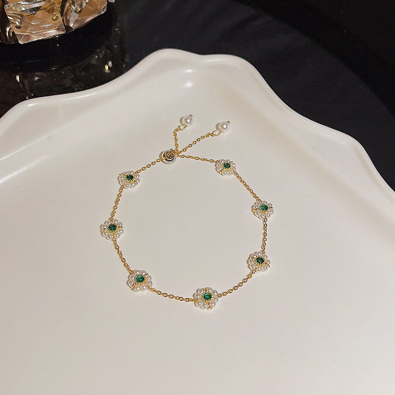 Womens Copper Bracelet With Zircon Flower Pearl Elegant Electroplated Bracelet Affordable Jewelry Gift For Her