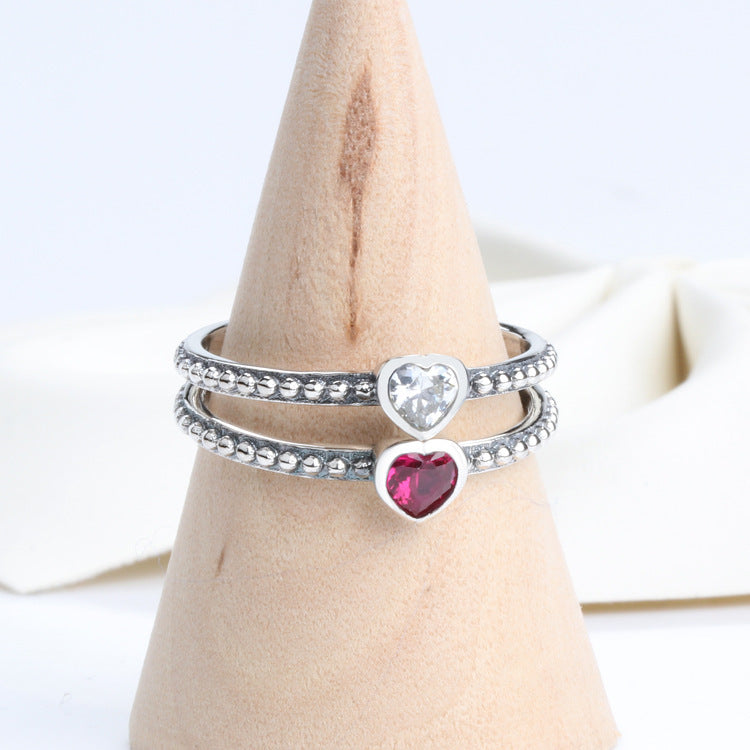 Heart Ring Silver Plated Copper White Diamond Rose Red Pink