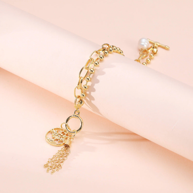 Womens Geometric Pearl Pendant Bracelet Ethnic Inlay Beads