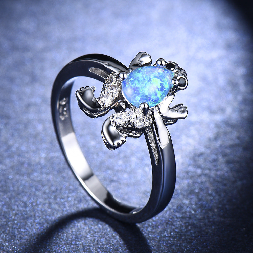 Womens White Opal Frog Ring European Geometric Copper Ring Electroplated Metal Jewelry Fashion Ring for Women or Girls Elegant Ring