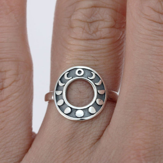 Womens Vintage Geometric Ring Antique Silver Electroplated Alloy Adjustable Band Sun Moon Celestial Design Ring