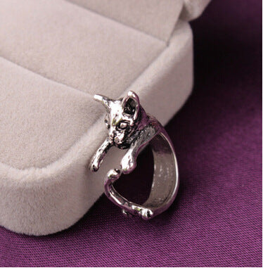 Adjustable Cat Ring Vintage Retro Kitten Ring Playing With Tail Zinc Alloy Jewelry Gift For Cat Lovers Trinket