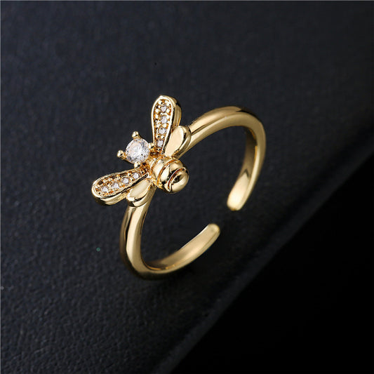 Womens Adjustable Small Bee Ring Copper Inlay Geometric Jewelry For Fashion Ladies Everyday Wear Everyday Style