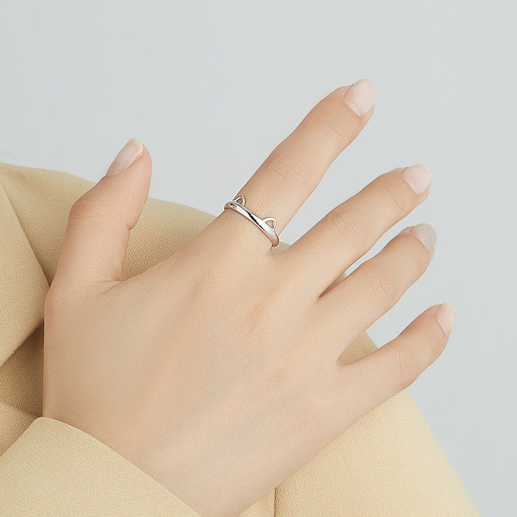 Sterling Silver Ring for Women Cat Ears Design Adjustable Opening Geometric Ring Steamed Bread Ring Cute Fashion Ring S925 Silver Ring Girls Ring