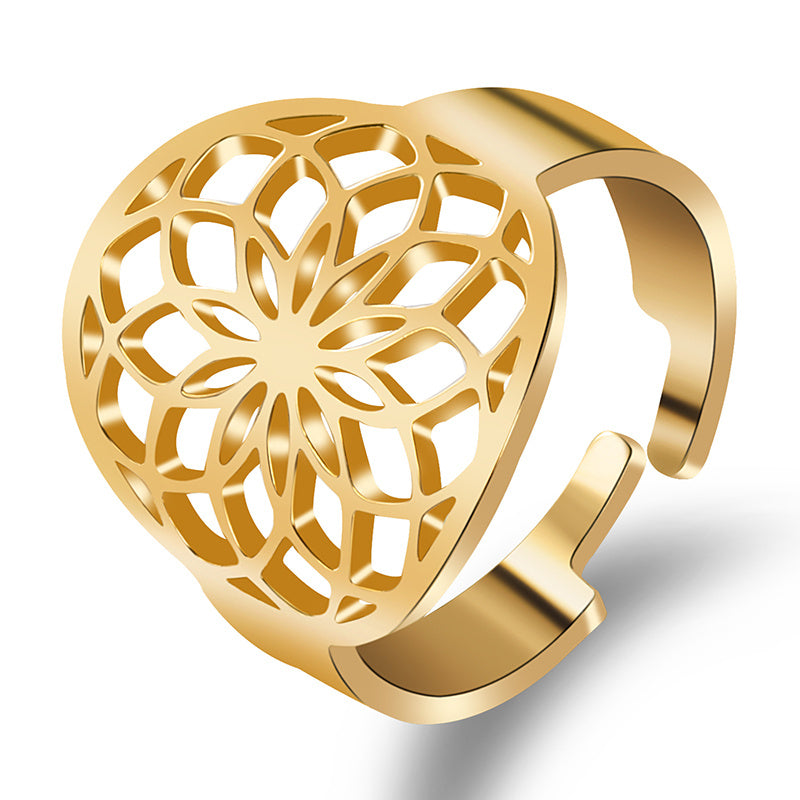 Womens Stainless Steel Flower Ring Adjustable Open Ring Polished Gold Black Jewelry Elegant Jewelry For Womens