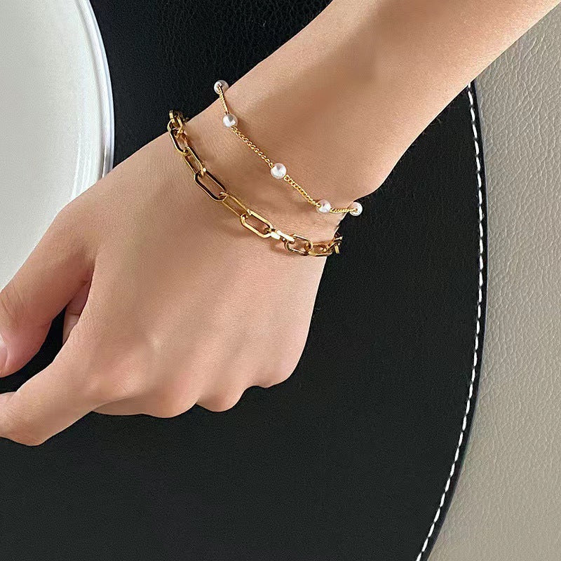 Womens Imitation Pearl Double Layer Bracelet Set Gold Silver