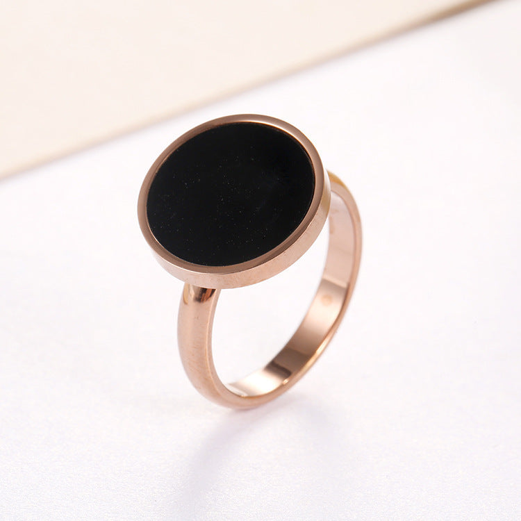 Rose Gold Titanium Couple Ring Set With Black Shell Pattern