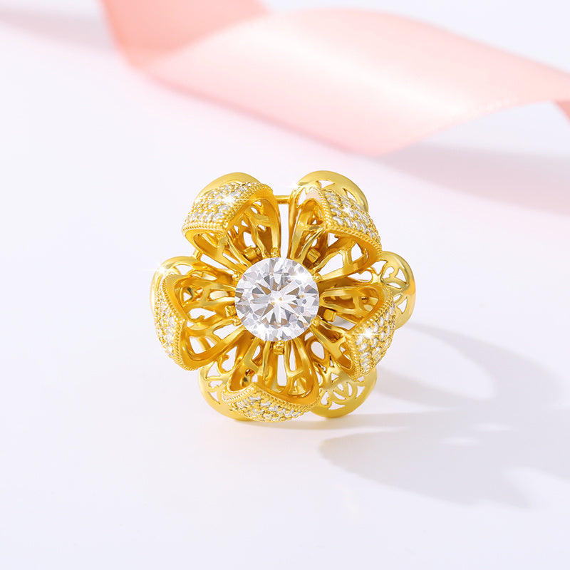 Womens Copper Ring Zircon Flower Design Luxe Gold Plated Inlaid Artificial SemiPrecious GemsIndividually Packed