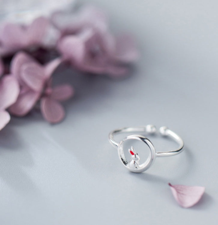 Womens Adjustable Rabbit Moon Ring Silver Plated Alloy Animal Jewelry Korean Inspired Elegant Gift For Women Accessory