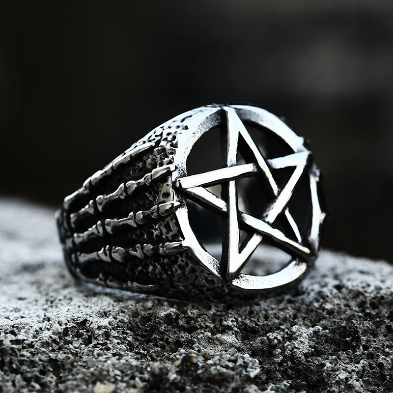 Vintage Stainless Steel Hand Bone Pentagram Ring For Men Silver Star Shape Jewelry US 7 8 9 10 11 12 13 RingX1