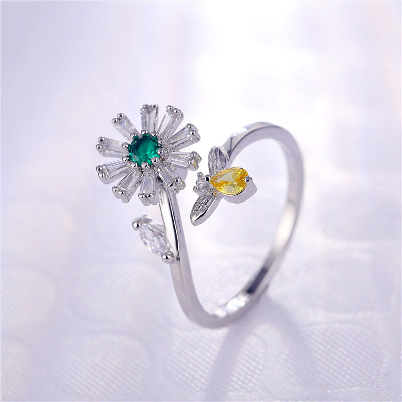 Bee Daisy Rotating Ring Gold Plated Zircon Adjustable Opening Nature Inspired Durable Everyday Jewelry Durable